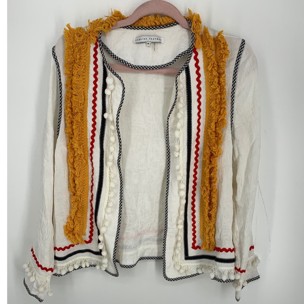 English Factory Ivory Fringe Trim Open Front Knit Cardigan Sweater Medium